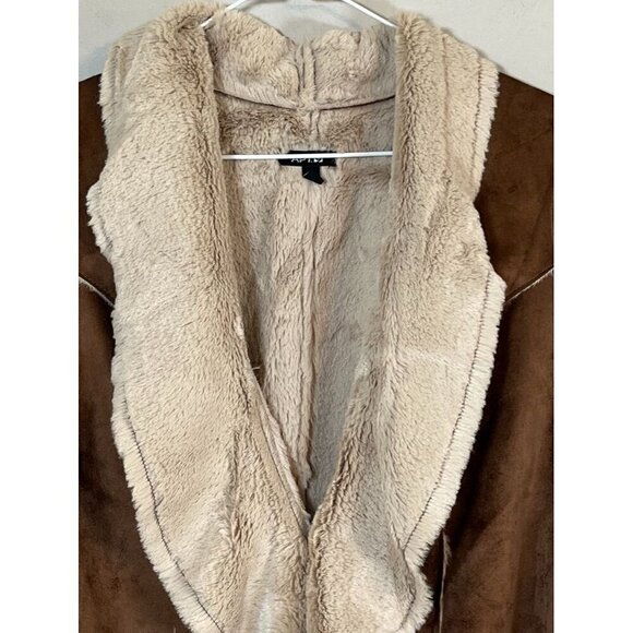 Retro Fur Vest L Brown Faux Sherpa Suede Boho Western Penny Lane Cozy Fleece 80s - Picture 3 of 10